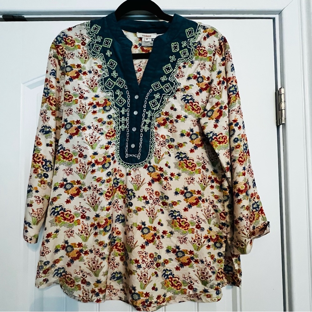 Sundance Brown and Tan Embellished Tunic with Bib Collar